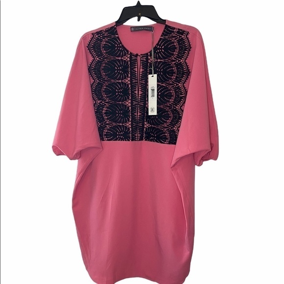 Alton gray bubble gum pink dress with black lace 6 - Picture 2 of 8